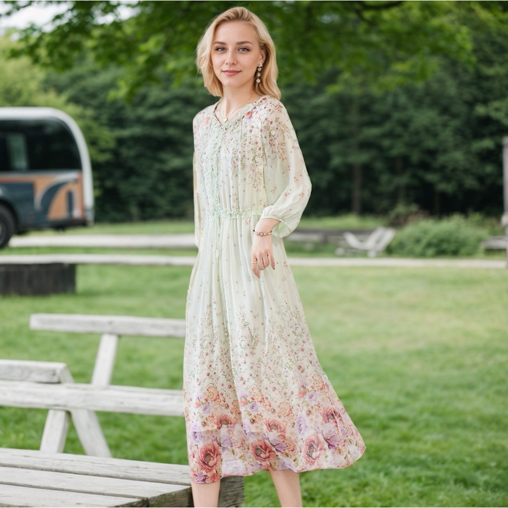 Women's Silk Floral Dress Sheer Sleeve For Wedding Guest Real Silk Life L-XL - Picture 4 of 11